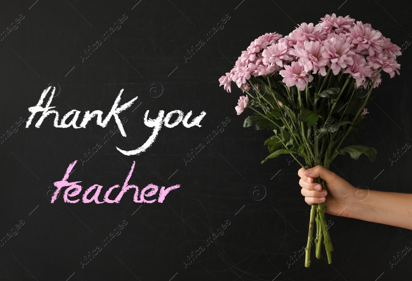 Image of Woman holding beautiful bouquet near blackboard with phrase Thank You Teacher, closeup