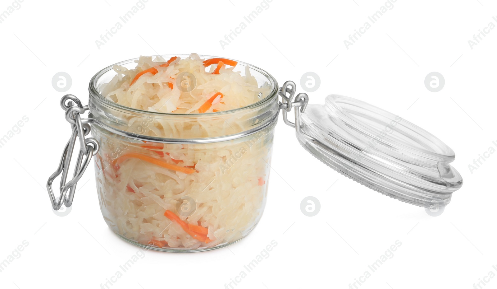 Photo of Glass jar of tasty fermented cabbage with carrot on white background