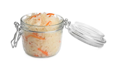 Photo of Glass jar of tasty fermented cabbage with carrot on white background