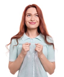Photo of Woman popping bubble wrap on white background. Stress relief