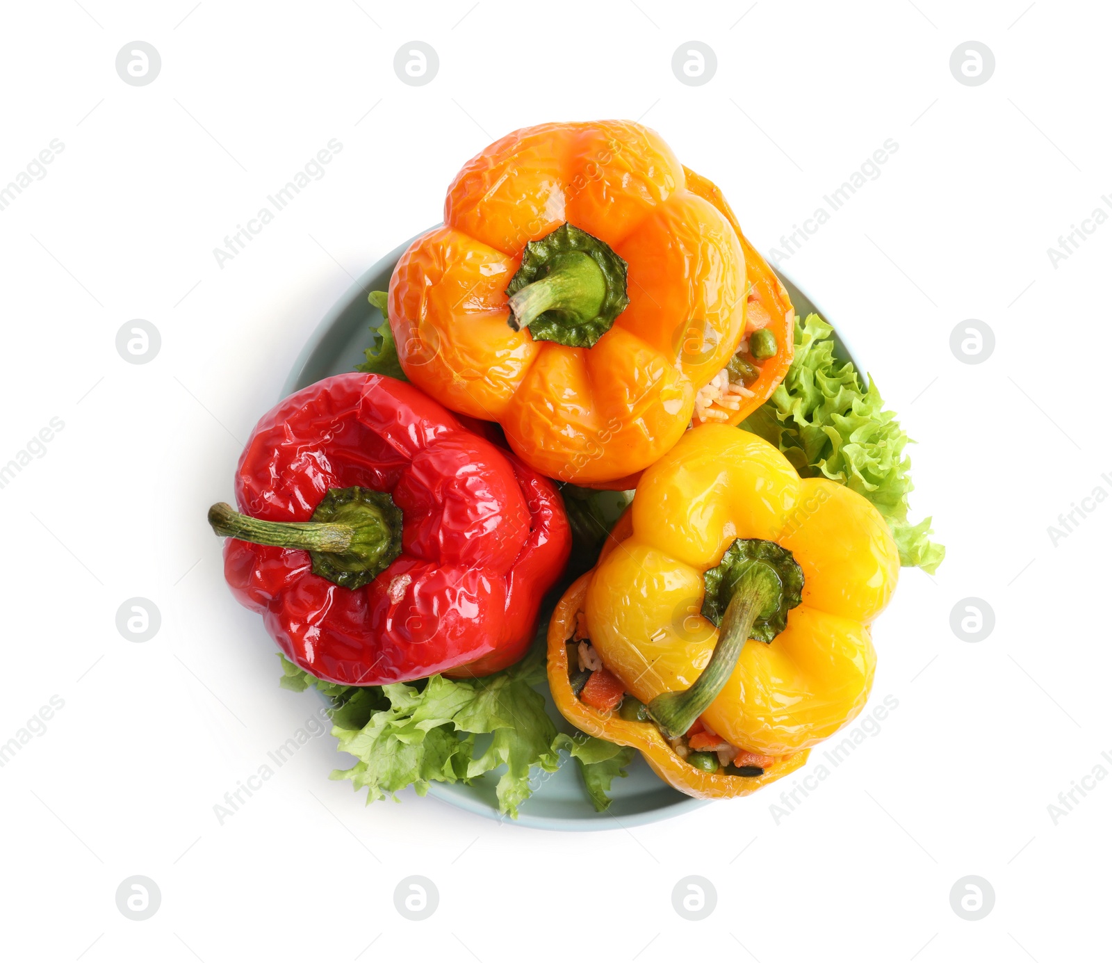 Photo of Tasty stuffed bell peppers isolated on white, top view