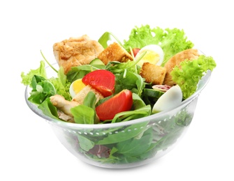 Photo of Tasty salad of fresh ingredients on white background