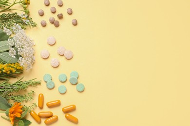 Photo of Different pills, herbs and flowers on light yellow background, flat lay with space for text. Dietary supplements