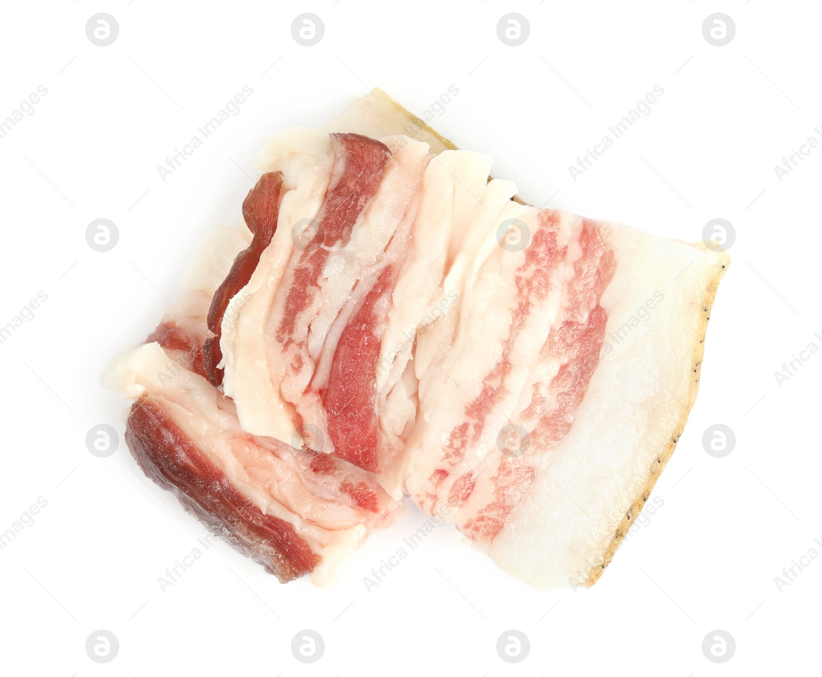 Photo of Slices of bacon isolated on white, top view