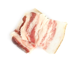 Slices of bacon isolated on white, top view