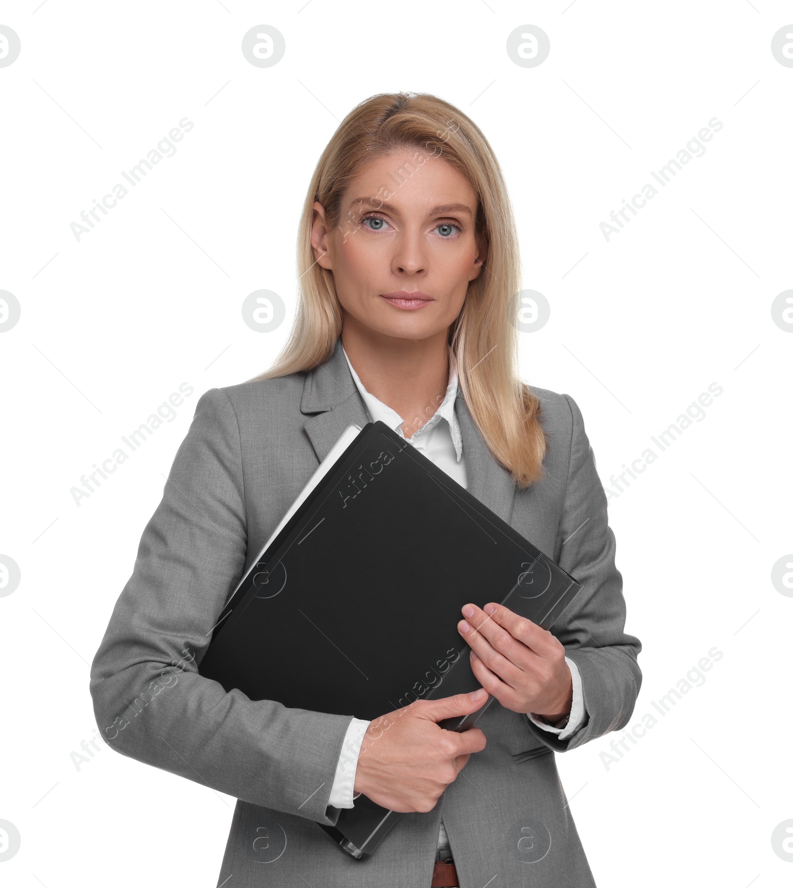 Photo of Portrait of beautiful woman with folder on white background. Lawyer, businesswoman, accountant or manager