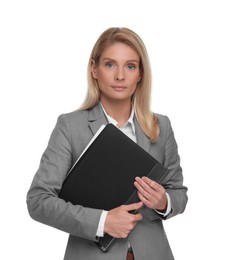 Portrait of beautiful woman with folder on white background. Lawyer, businesswoman, accountant or manager