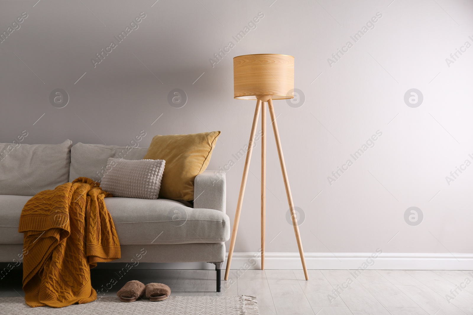 Photo of Stylish living room interior with comfortable sofa and tripod floor lamp. Space for text