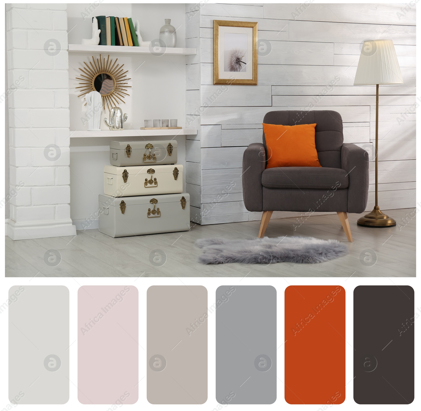 Image of Color palette and photo of stylish room interior with comfortable armchair. Collage