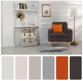 Color palette and photo of stylish room interior with comfortable armchair. Collage