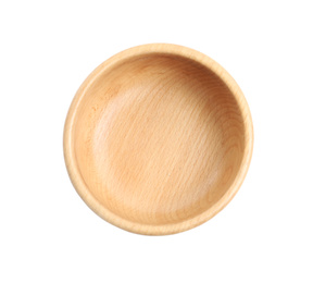 Photo of Wooden bowl isolated on white, top view. Cooking utensil