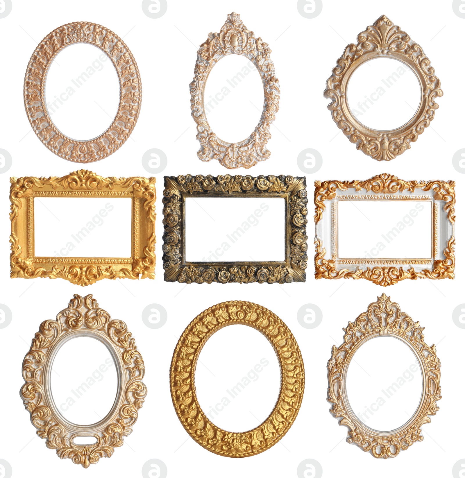 Image of Set of different vintage frames on white background