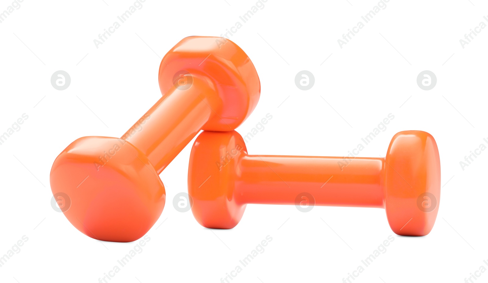 Photo of Orange dumbbells isolated on white. Sports equipment