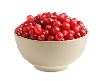 Photo of Bowl of fresh ripe cranberries isolated on white