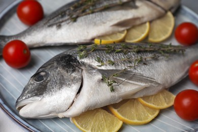 Photo of Raw dorado fish with thyme, lemon slices and tomatoes on table, closeup