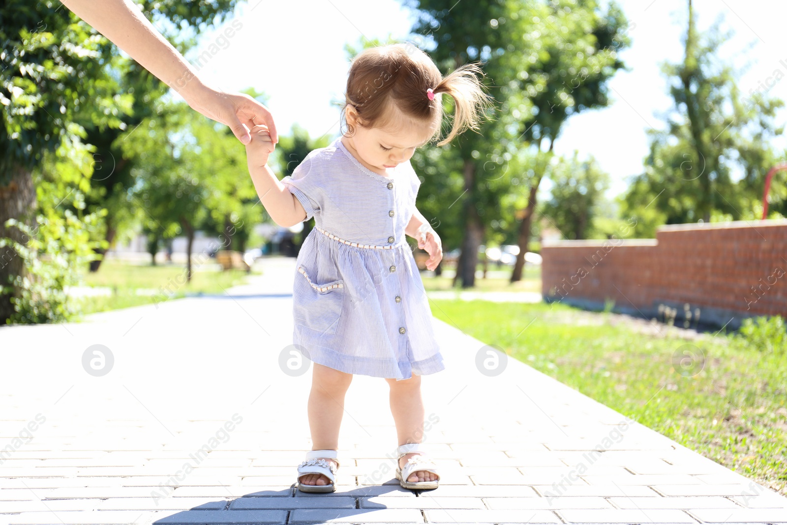 Photo of Adorable baby girl holding mother's hand while learning to walk outdoors