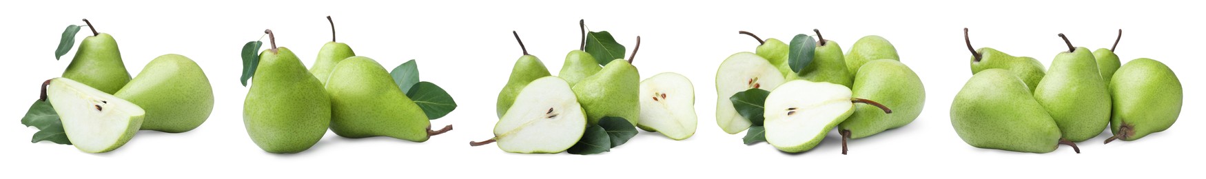 Image of Set with tasty ripe pears on white background. Banner design