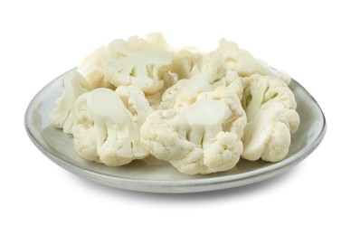 Plate with cut fresh raw cauliflowers on white background