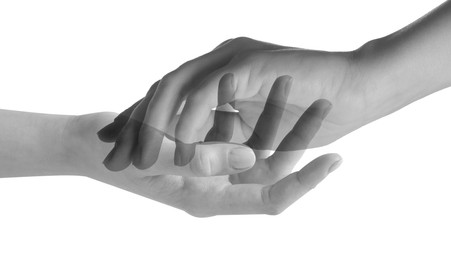 Double exposure of people's hands on white background, closeup. Black and white effect