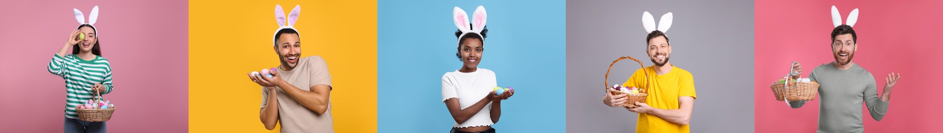 Image of Photos of people with Easter eggs and bunny ears headbands on different color backgrounds. Collage design