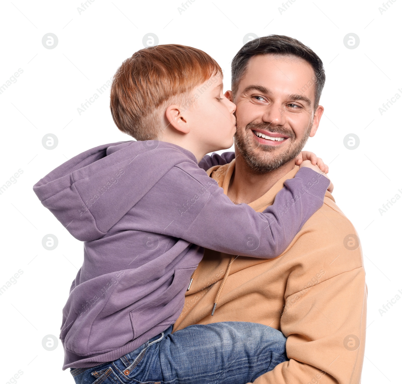 Photo of Son hugging and kissing father on white background