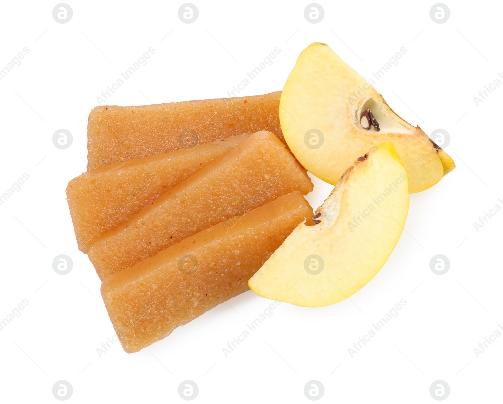 Photo of Delicious sweet quince paste and fresh fruit isolated on white, top view