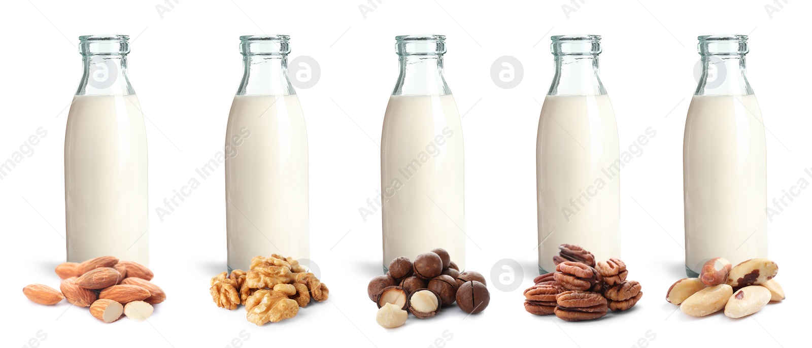 Image of Set with different types of vegan milk and nuts on white background. Banner design