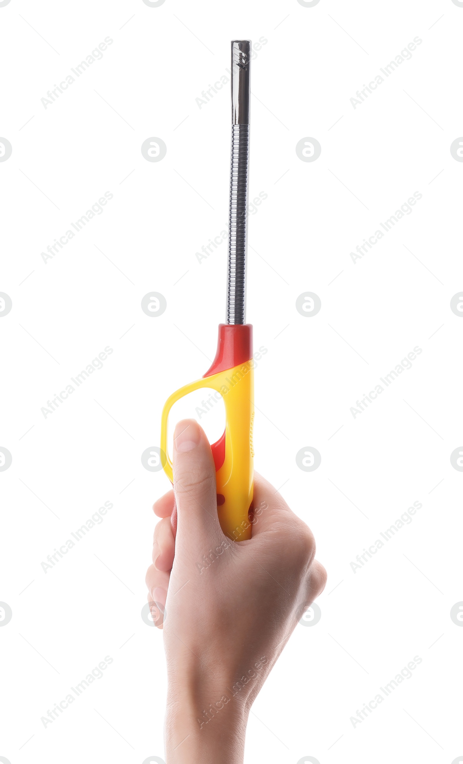 Photo of Woman holding gas lighter on white background, closeup