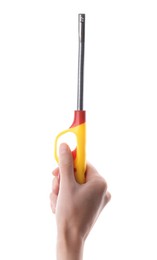 Woman holding gas lighter on white background, closeup