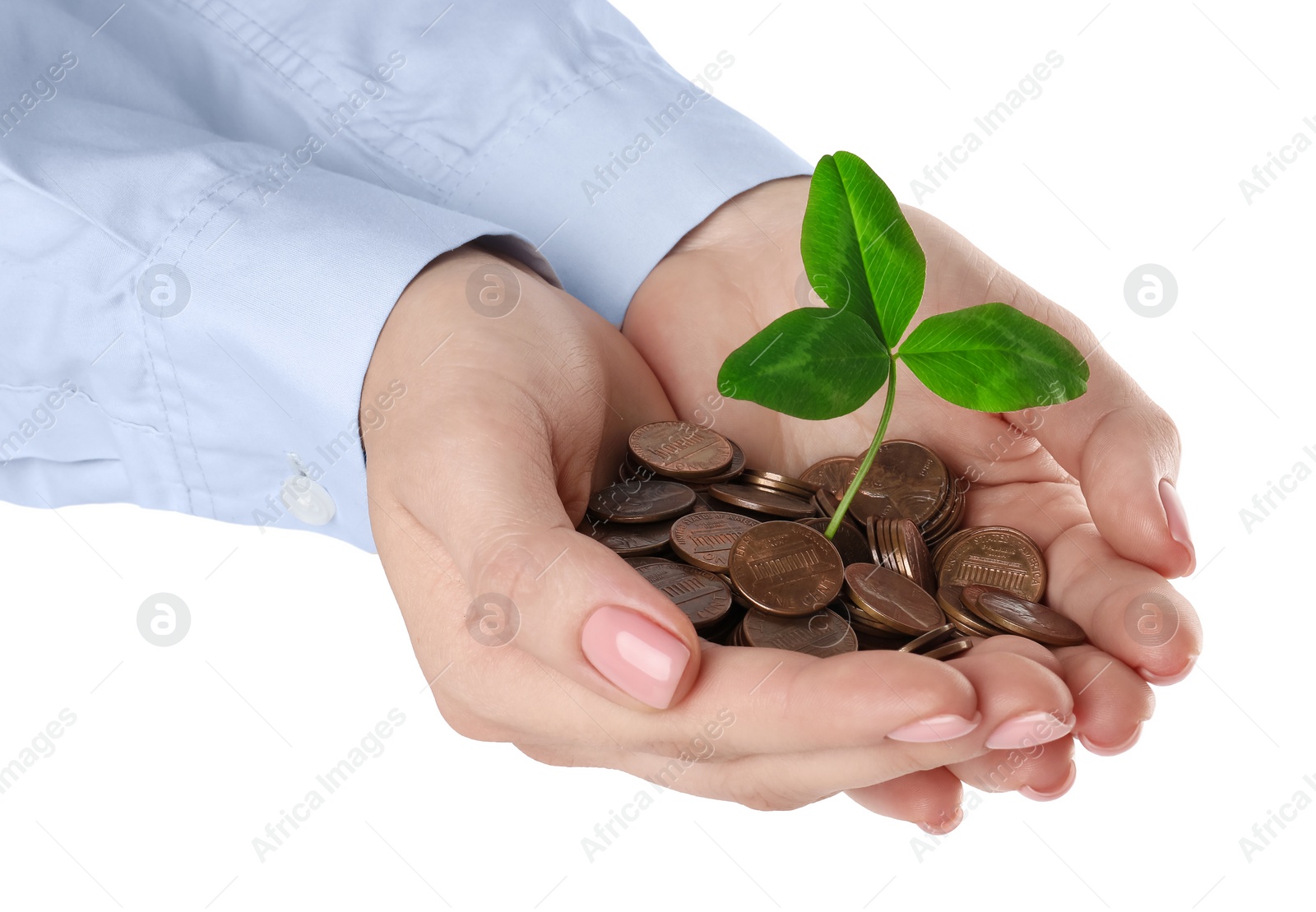 Photo of Woman holding coins with green sprout on white background, closeup