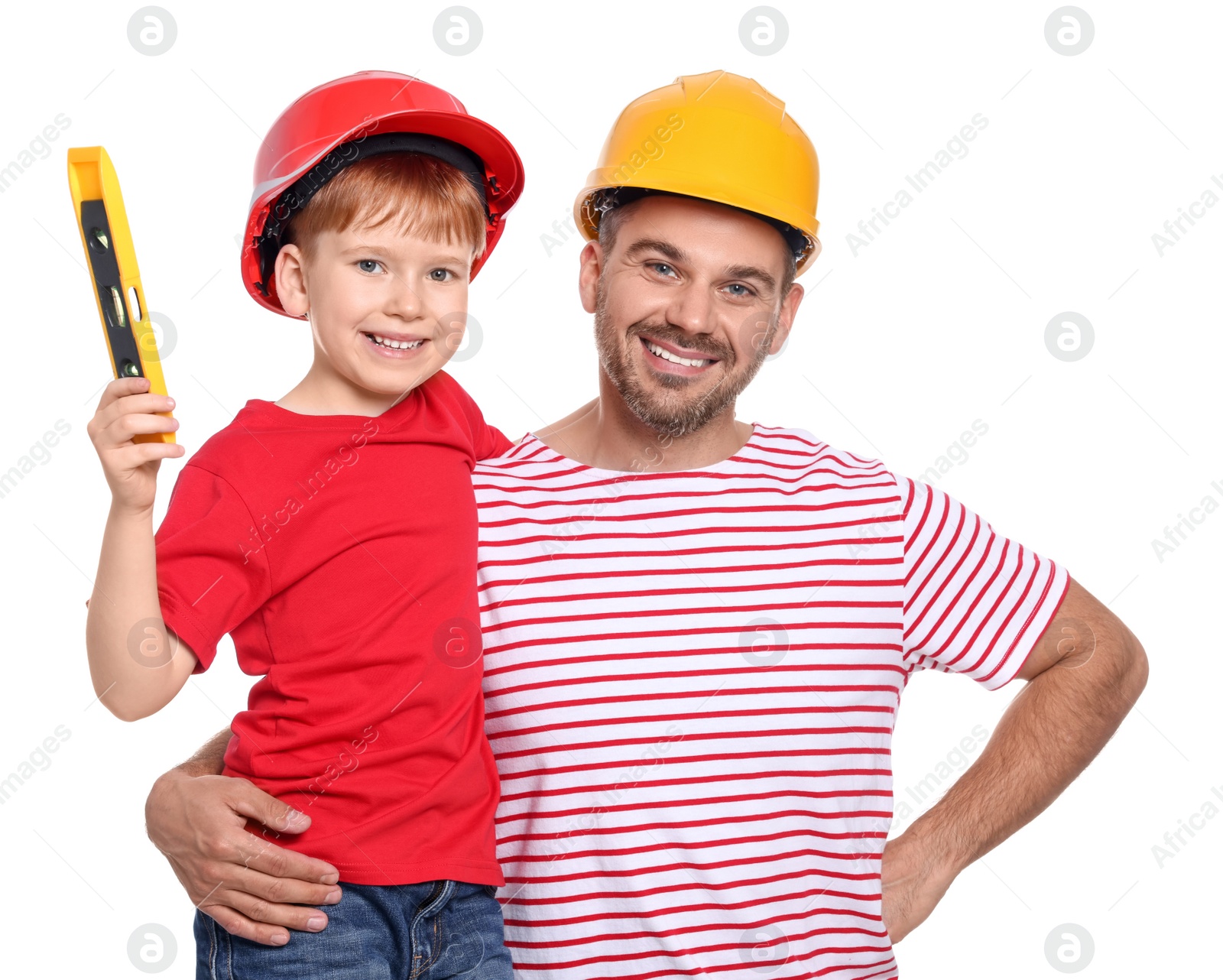 Photo of Father and son wearing hard hats on white background. Repair work