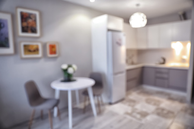 Blurred view of stylish modern kitchen interior