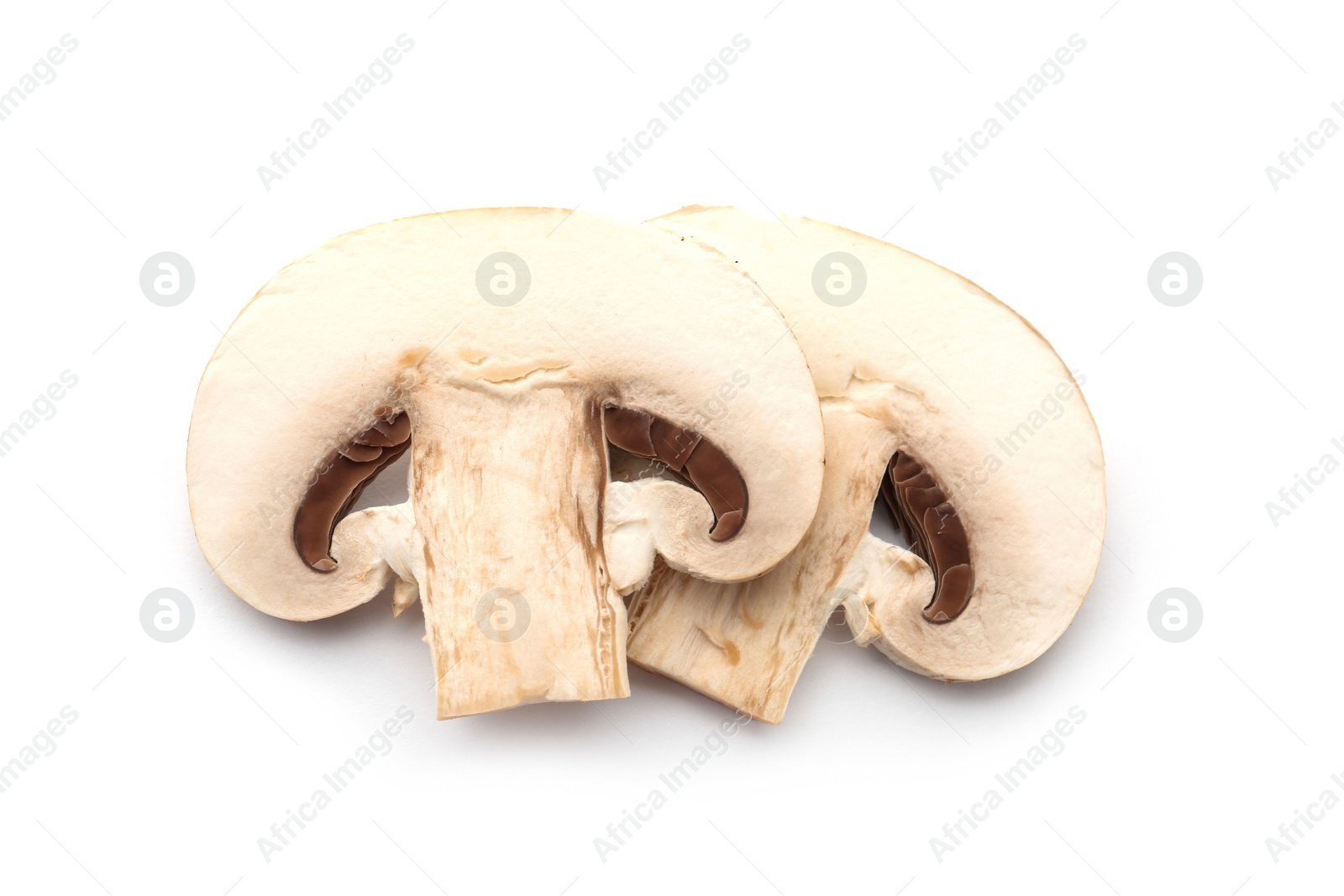 Photo of Slices of fresh champignon mushrooms on white background, top view