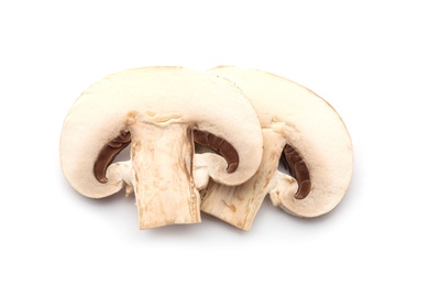 Photo of Slices of fresh champignon mushrooms on white background, top view