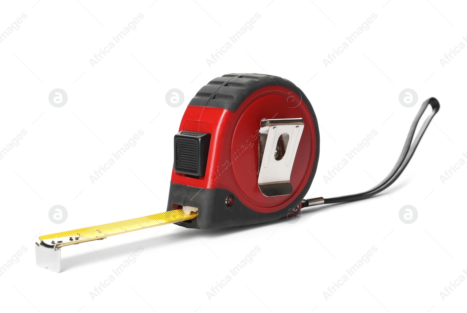 Photo of New tape measure isolated on white. Construction tool