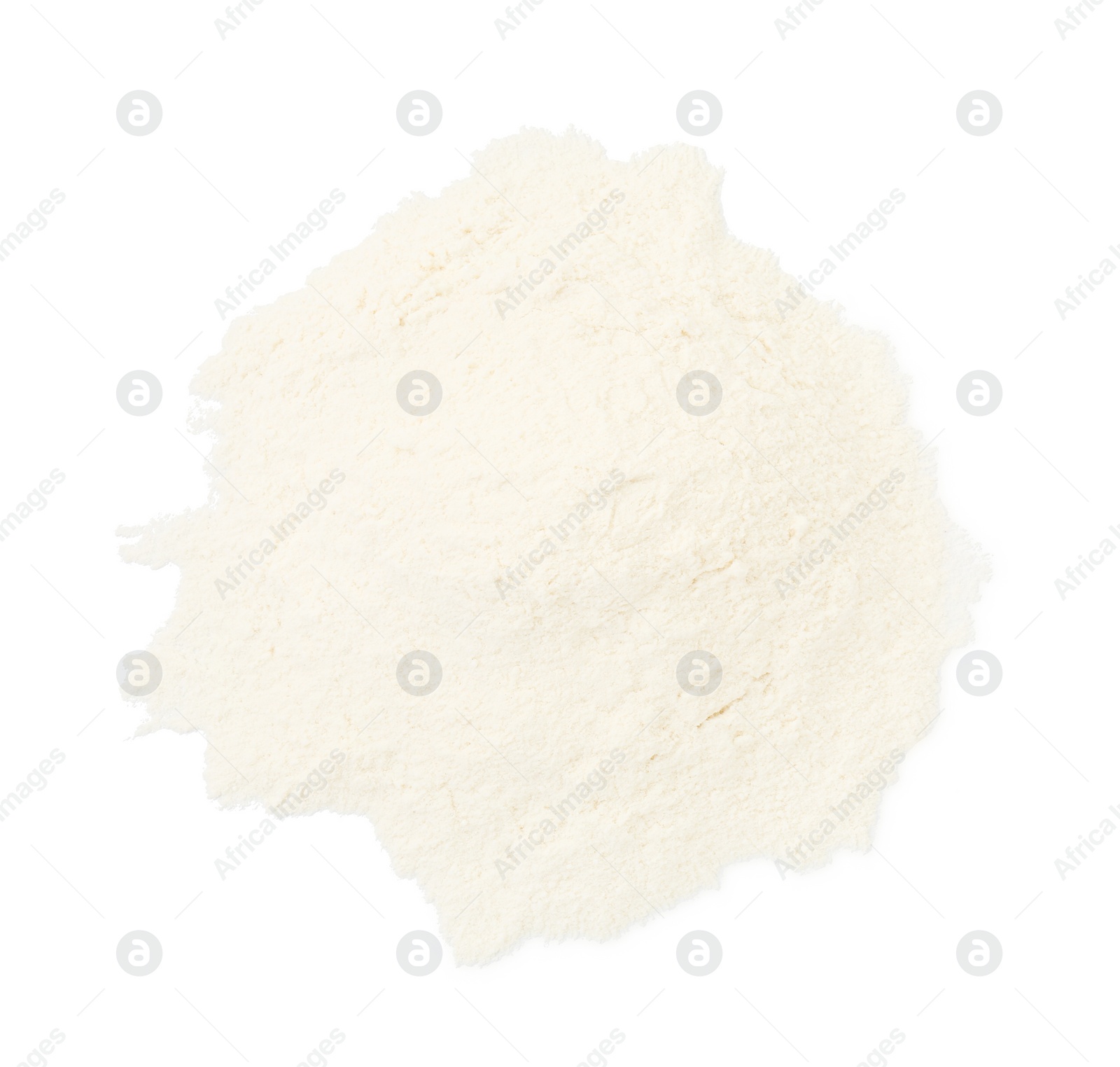 Photo of Heap of baking powder isolated on white, top view