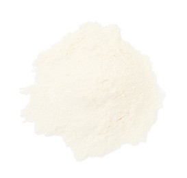 Photo of Heap of baking powder isolated on white, top view