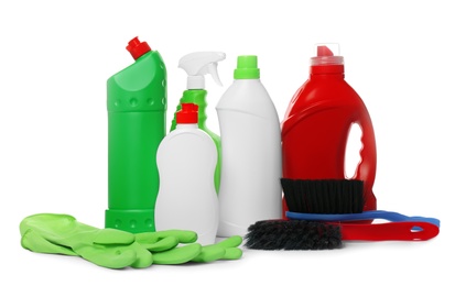 Photo of Different cleaning products and tools on white background