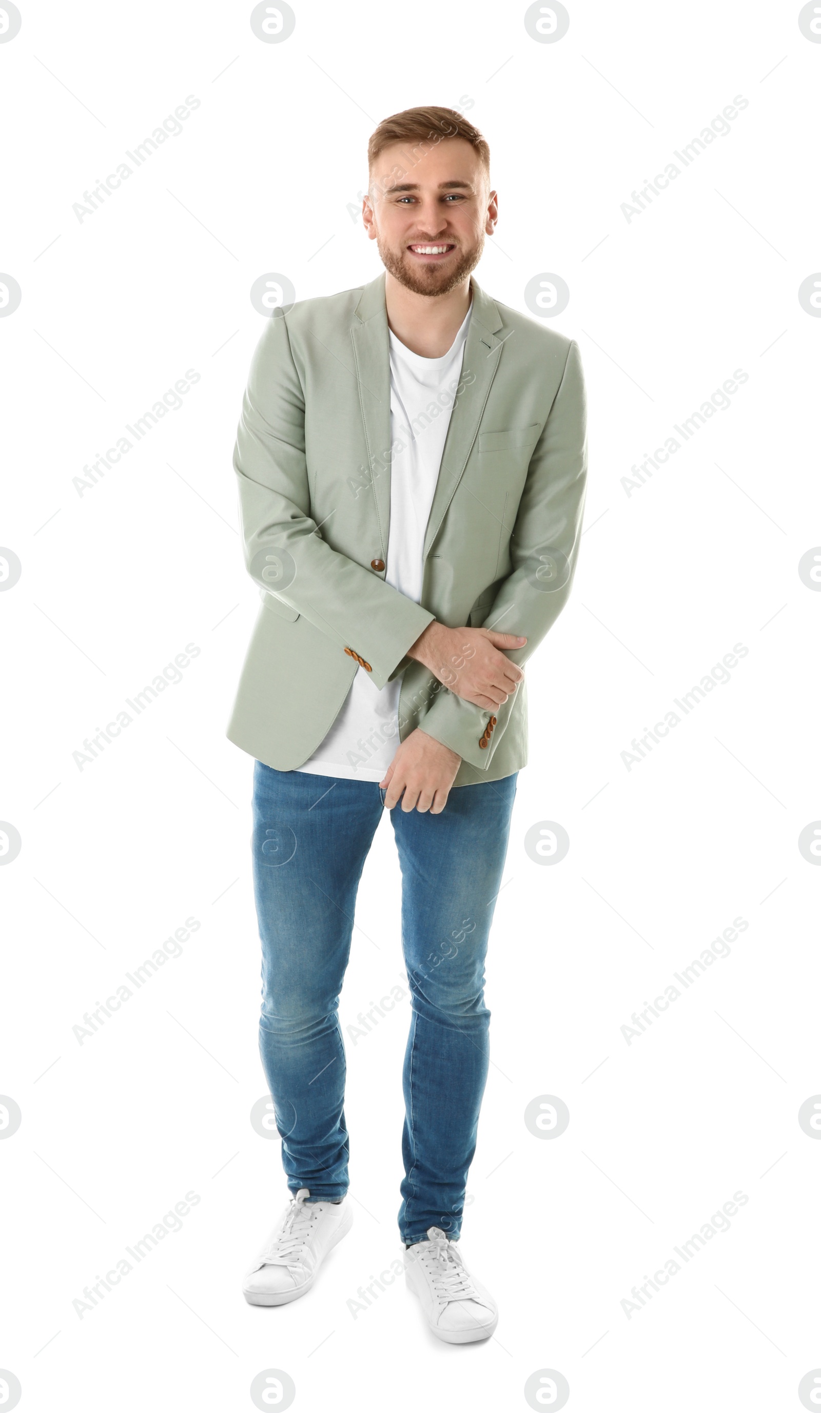 Photo of Full length portrait of young man on white background