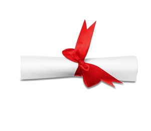 Rolled student's diploma with red ribbon isolated on white