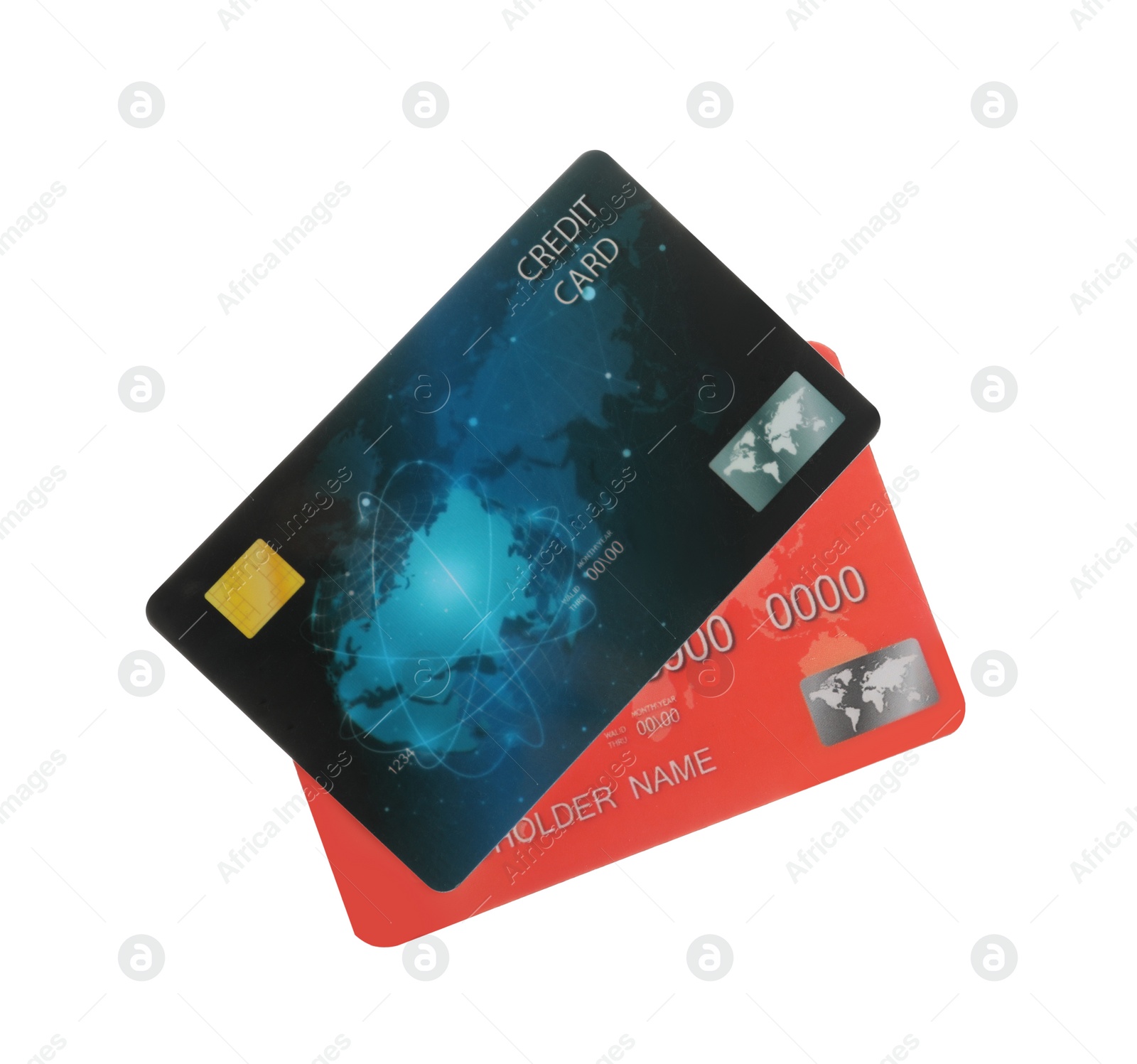 Photo of Different plastic credit cards on white background