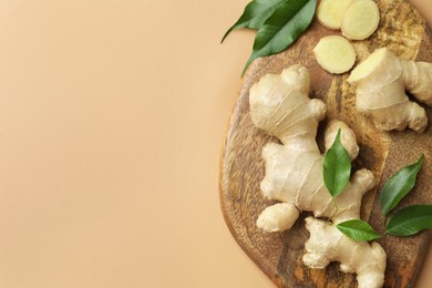 Photo of Fresh ginger with green leaves on light pale brown background, top view. Space for text