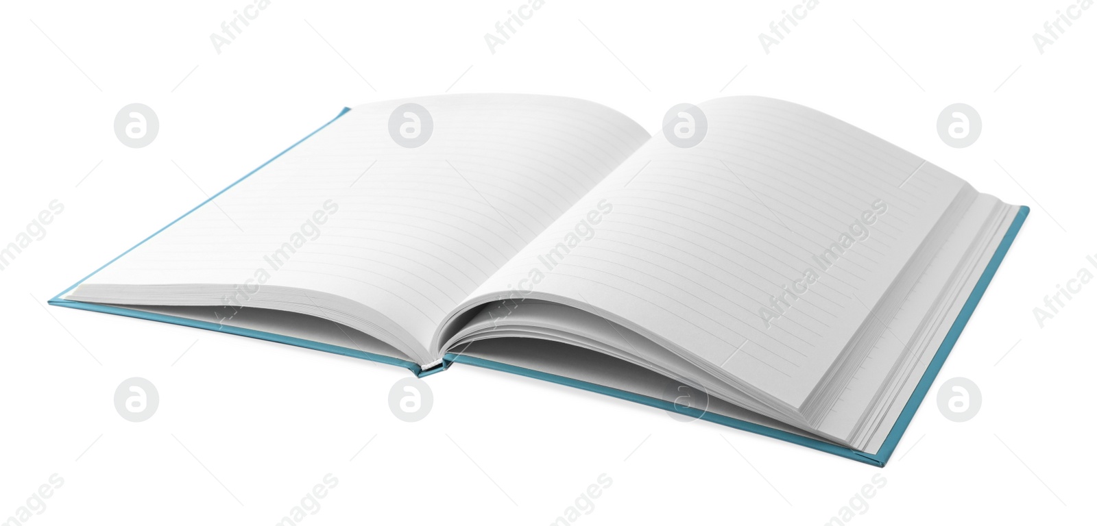 Photo of Stylish open notebook with blank sheets isolated on white