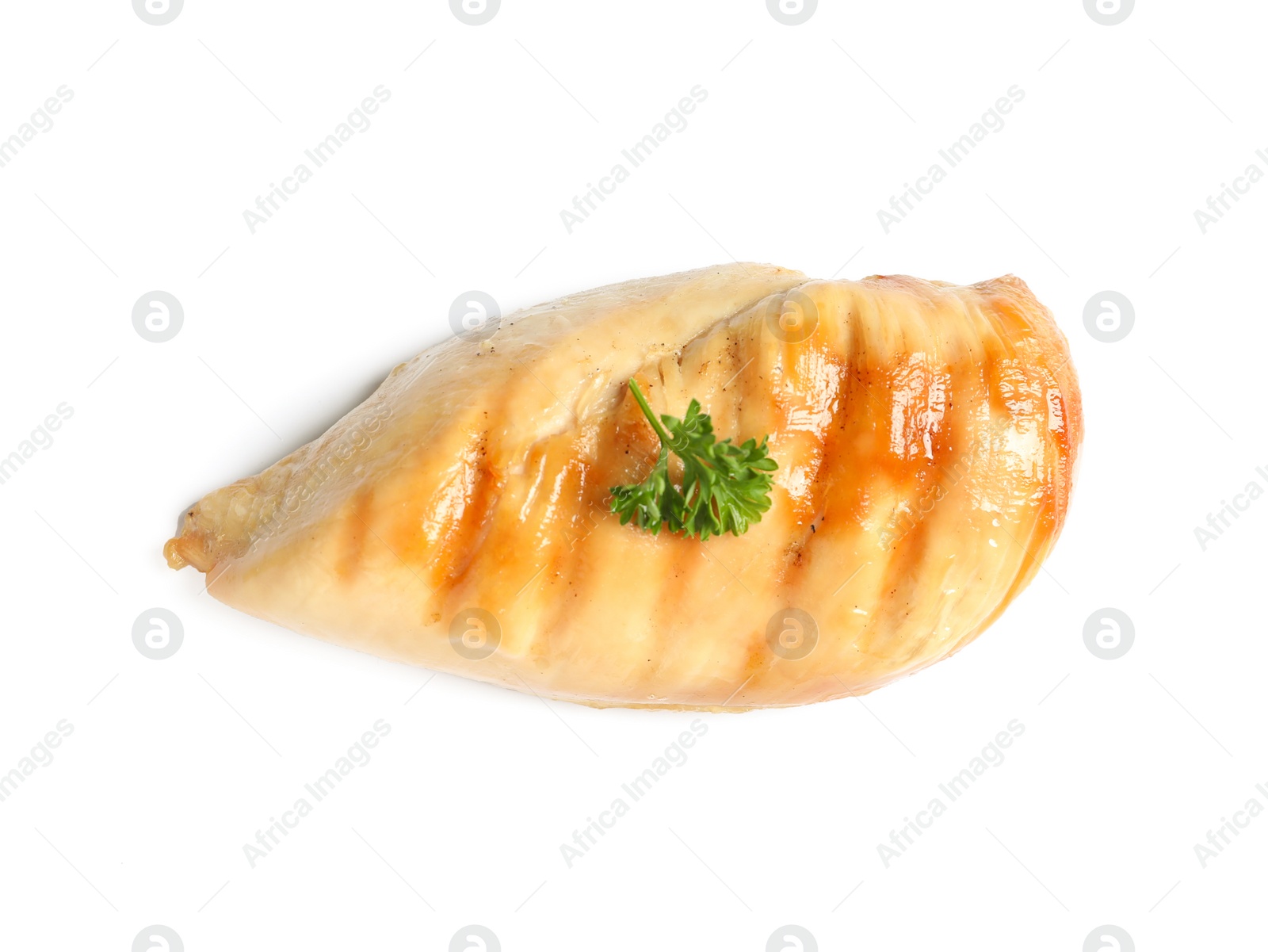 Photo of Grilled chicken breast with parsley on white background, top view