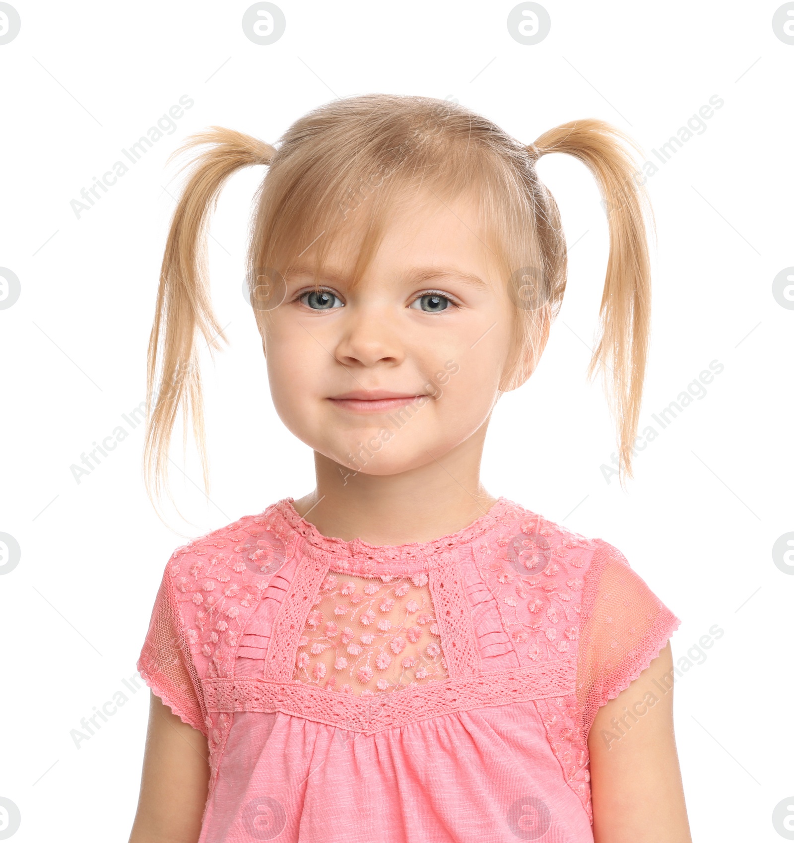 Photo of Portrait of cute little girl on white background