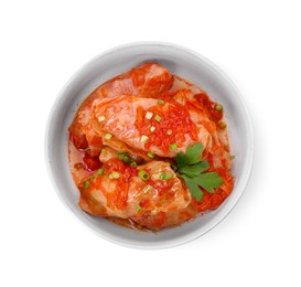Photo of Bowl of delicious stuffed cabbage rolls cooked with homemade tomato sauce isolated on white, top view