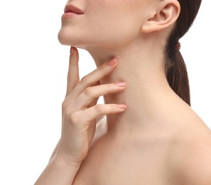 Photo of Woman touching her neck and chin on white background, closeup