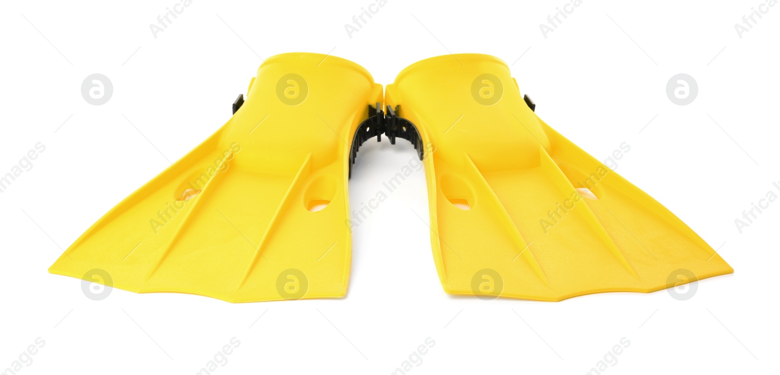 Photo of Pair of yellow flippers on white background