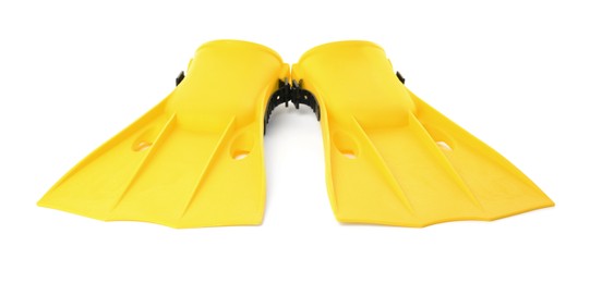 Photo of Pair of yellow flippers on white background