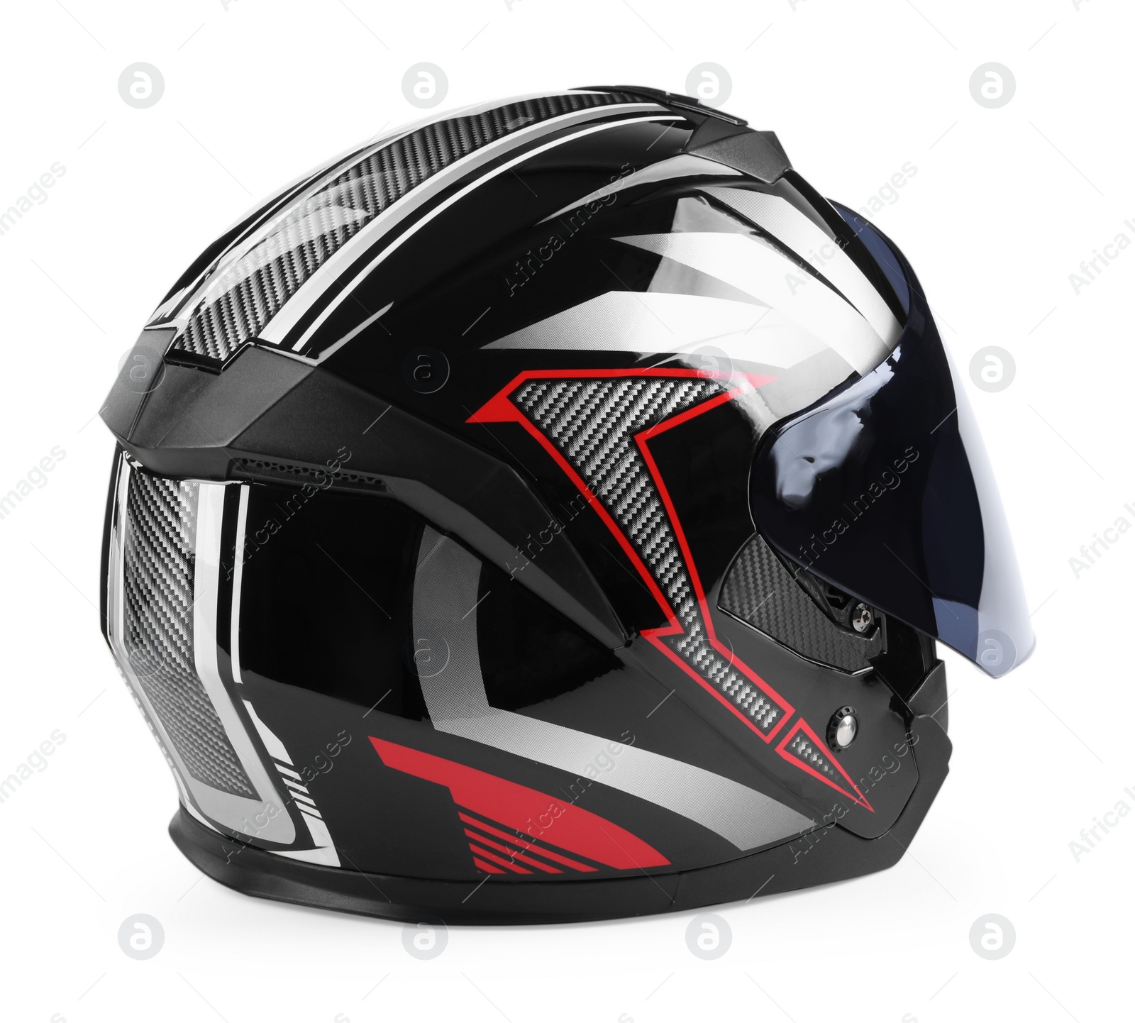 Photo of Modern motorcycle helmet with visor isolated on white